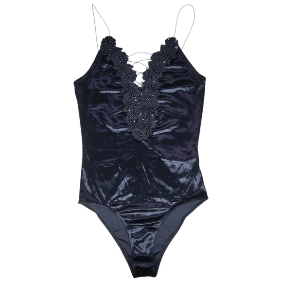 Topshop Lace Up Velvet Bodysuit Womens 4 Black Fairy Goth Floral Applique Dark - Picture 1 of 11